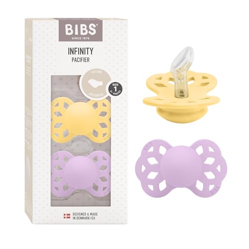 BIBS Infinity Anatomical Schnuller 2er-Pack, BPA-frei, Kiefergerechte Form. Silikon, Hergestellt in Dänemark, Größe 1 (0-6 Monate), Pale Butter/Violet Sky