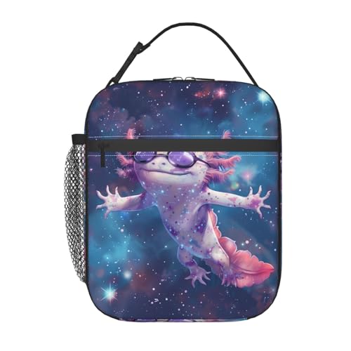amepay Axolotl Polyester Lunch Box for Kids Teen,Cute Reusable Thermal Lunch Bag for Adult Women,Cosmic Insulated Tote Cooler Bags for School, Work, Picnic,Travel,Space-Themed Design