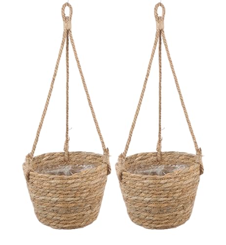 Olly & Rose Natural Hanging Basket 2 Pack Plant Pots D 18cm H 14cm Total Height 48cm - Indoor Hanging Planters