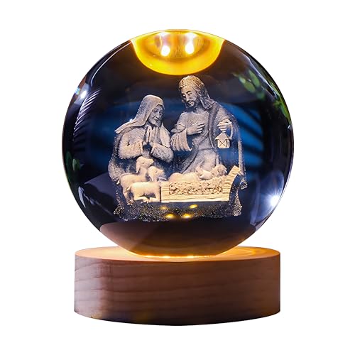 Image of 3D Crystal Ball Night Light with Wooden Base, Aesthetic Clear LED Lamp for Home and Bedroom Touch Switch, Warm Light for Kids and Teens Perfect Birthday & Anniversary (Birth of Jesus Christ)