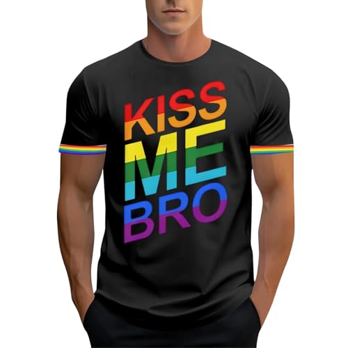 Camiseta para hombre con estampado arcoíris y eslogan de Kiss Me Bro, camiseta colorida de manga corta con cuello redondo | Camiseta de declaración para el mes del orgullo y el tiempo libre, Estilo