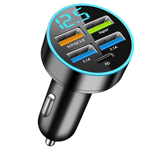 Chargeur De Voiture Double USB 66w/3.1A, 5 Ports Allume Cigare USB Prise Chargeur Telephone Voiture Rapide QC3.0 avec LED Voltmètre Compatible avec Phone Samsung Xiaomi Android Type-C