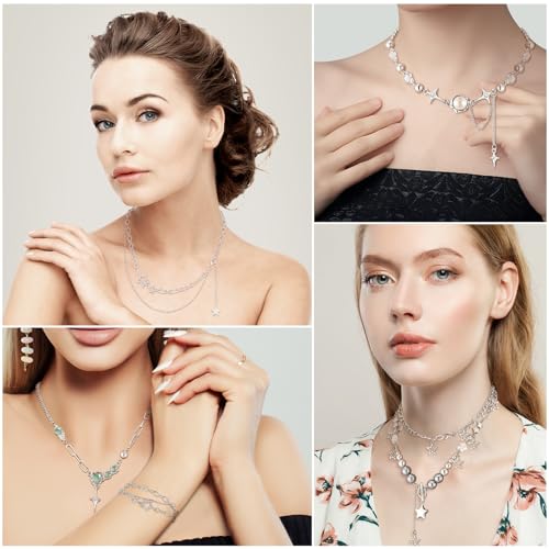 4 Pcs Y2k Double Layered Necklace Set Irregular Moonstone Collar Chain Punk Star Pendant Zircon Jewelry Silver Asymmetric Necklace Adjustable Grunge Star Choker for Women Teen3