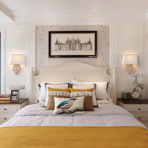 Image of Rustic Wall Sconce with Linen Shade Mini Vintage Antique Wood Wall Light Fixture Retro Farmhouse Mid Centry Wooden Wall Sconce for Bedroom, Hallway, Fireplace, Living Room, 2-Pack, E12