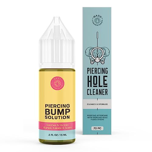 Base Labs Piercing Aftercare Kit | 1 x Piercing Bump Drops for Ear & Nose (.5oz/ 15ml) & 1 x Ear Hole Cleaning Floss (70pc) | With Lavender & Rosemary Essential Oils For Keloid Bump Removal Solution