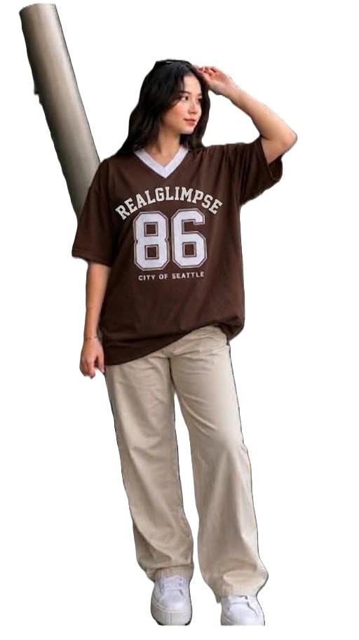 Image of Women Oversized V Neck T-Shirt | Number Graphic Printed Casual Tee | Cotton Blend Y2K Street Fashion Top