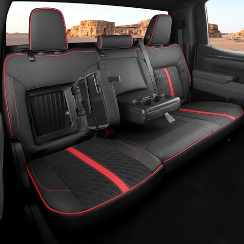 RIDEPOSH for Chevy Silverado & GMC Sierra Leather Seat Covers, Crew Cab 1500 2019-2026, 2500HD 3500HD 2020-2026, Custom Fit Truck Seat Cover Full Set, Black Red (with Rear Armrest/Seatback Storage)