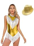 Alvivi Maillot Brillante de Baile Latino con Flecos para Mujer sin Manga con Sombrero Maillot de Patinaje Artístico Competición Disfraz de Bailarina S-XXL Dorado M