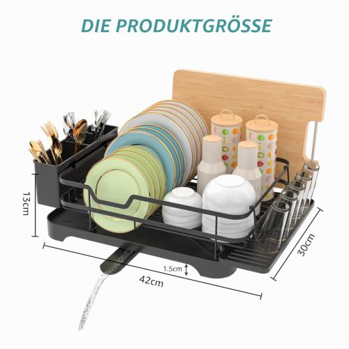 Foto von E-MANIS Abtropfgestell, Einlagige Geschirr Abtropfständer, mit Tropfschale und Spiraldüse, Geschirrabtropfgestell mit Abnehmbarem Besteckhalter, Schwarz, rzx6360