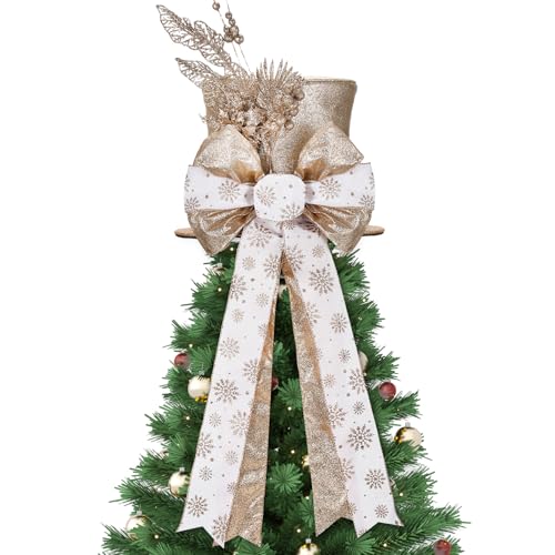 Poen Christmas Tree Topper Hat Shiny Sequins Top Hat with Bow Lengthened Ribbon Tree Topper Santa Christmas Decorations for Xmas Gift Ideas Holiday Winter Party Ornament Supplies(Gold)