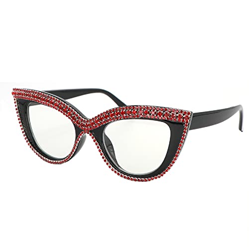 mincl Womens Luxurious Colorful Rhinestone Cat Eye Reading Glasses Blue light blocking Reader Computer Eyeglass Frame (red, 2.25x)