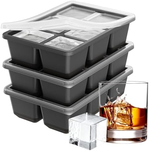 Large Ice Cube Molds, 3 Pack Whiskey Square Ice Molds, 1.8 Inch Big Ice Cube Tray, Stackable Cocktail Ice Tray with Lid, Easy to Release (Grey) - Thumbnail 2