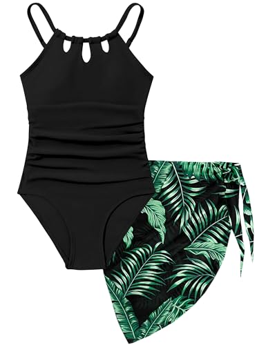 Image of KANGKANG Girls Swimsuit Quick Dry Cut Out One Piece Swimsuits with Tropical Print Cover Up Skirt Bathing Suit Swimwear 7-18Y