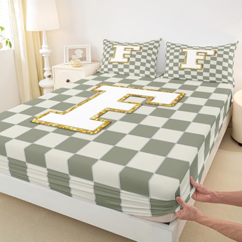 Image of Erosebridal Sage Green Checkered Bedding Set Full Plaid Initial F Bed Sheets Personalized Monogram Sheet Set Kids Boys Girls,Fashion Grids Gingham Fitted Top Sheets 4 Piece
