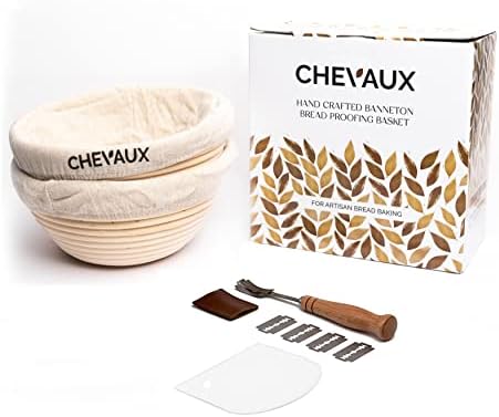 CHEVAUX Banneton Bread Proofing Basket Set, 2 Round 9 Inch Rattan Sourdough Baskets with 2 Linen Liners + Dough Scraper + Bread Lame + 5 Blades, Artisan Sourdough Bread Baking Supplies
