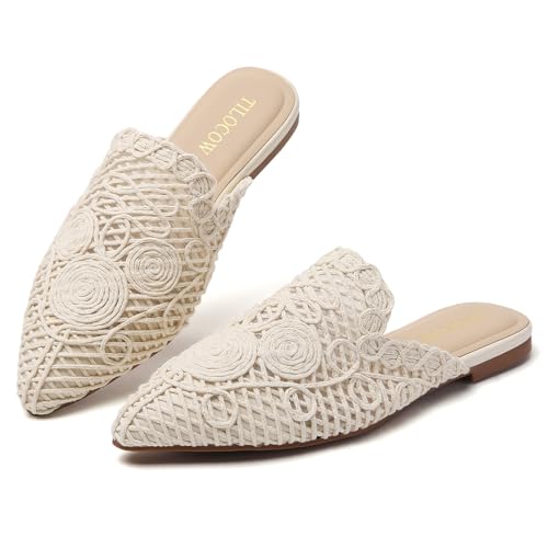 Image of Tilocow Women's Pointed Toe Flat Mules Backless Slip On Loafers