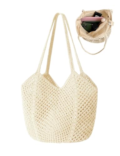 Image of Beach Bags for Women with Zipper, Large Straw Bag Woven Tote Bag Straw Shoulder Bag for Summer Vocation