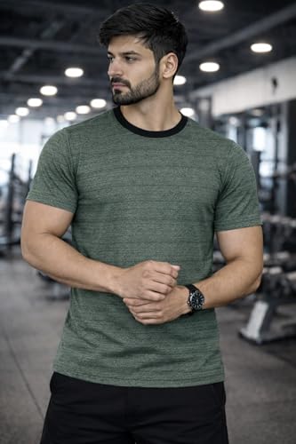 Image of Men's Solid Gym T-Shirt | Slim Fit Gym & Training Tee | Breathable Stretch Fabric | Round Neck Sports Wear for Workout