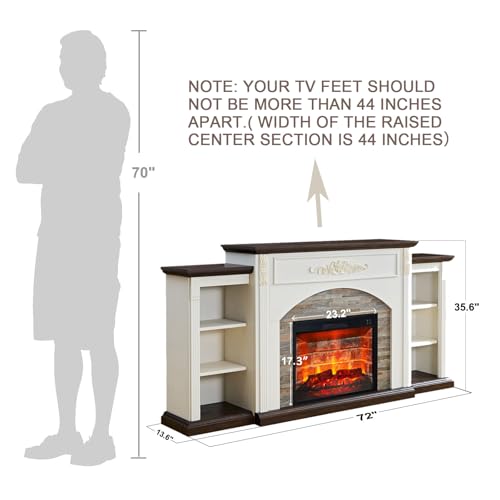 Electric Fireplace with Mantel, Fireplace TV Stand for TVs Up to 80 Inch, 72" White Entertainment Center with Storage for Bedroom,23'' Red Brick Fireplace Insert Heater with LED Flame for Living Room