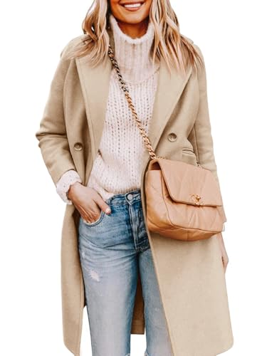 Cicy Bell Womens Notched Lapel Collar Double Breasted Pea Coat Winter Wool Blend Over Coats Long Jackets,light khaki,S