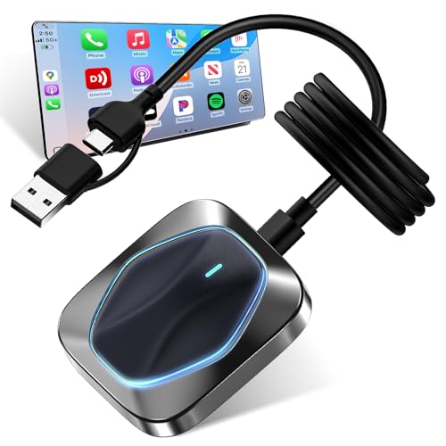 Carplay Wireless Adapter for iPhone,RGB Light Mini Size Bluetooth 5.3 WiFi 5.8 GHz,Plug and Play Convert Wired to Apple Carplay Wireless Adapter,Connect Stable No Delay Lag(USB-A/Type-C Port) 03BB