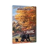 Great Smoky Mountains National Park Sign – Autumn Black Bear Family Scene – Rustic Fall Wall Decor For Cabin, Lodge, Or Nature Lovers 8x12