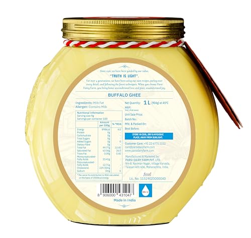 Image of Parsi Dairy Farm Pure Buffalo Ghee | Traditional Desi Ghee | Danedar Texture | Farm Fresh & 100% Natural | No Additives | Vegetarian - 1 Ltr