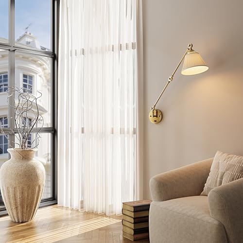 Image of Gold Plug in Wall Sconce, Swing Arm Wall Light with 6.6FT Plug in Cord, Two Adjustable Arms, Fabric Shade, E26 Base, Hardwired Wall Lamp for Bedroom, Reading, Living Room, Hallway (1 Pack)