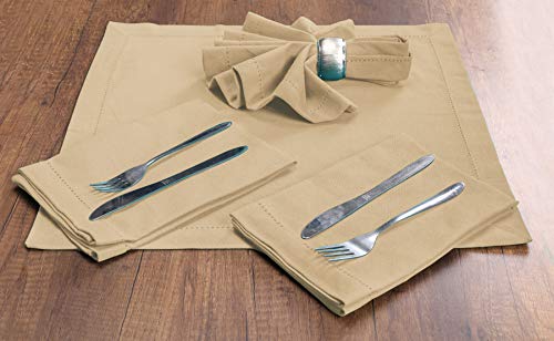 Native Fab Set Of 12 Cloth Dinner Napkins Hemstitch 100% Cotton 18X18 Soft Comfortable Absorbent Restaurant Hotel Quality - Wedding Dinner Napkins Easy Care Washable - Beige #TOP2