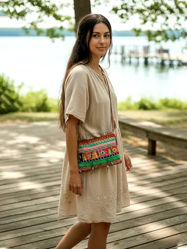 Image of The House of tara Cross Body Sling Bag with Embellishments and Tassels /Trims | Internal Zip Pocket | Jute Crossbody Bag in Multi Colour with Zip Closure | Handmade.