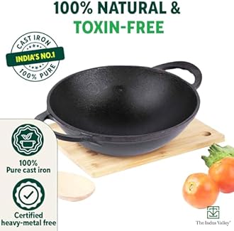 The Indus Valley Pre-Seasoned Cast Iron Kadai With Free Wooden Flip | Medium, 25.2Cm/10Inch | Gas Compatible | Naturally Nonstick, 100% Pure & Toxin-Free, 1 Count, Black