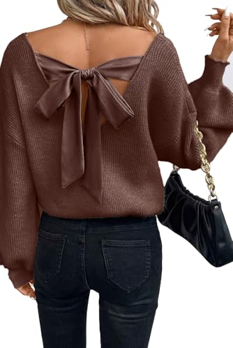 Image of Womens Off Shoulder Bow Back Sweater Sexy Loose Fit Deep V Neck Knit Tops | Backless, Lantern Long Sleeves, Ribbed Knit, Lightweight, Fall Winter Outfit, Party, Halloween, Christmas, New Year's Eve