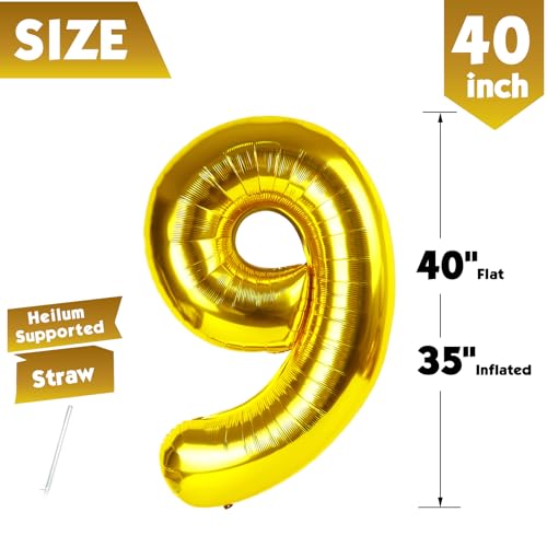Image of 40 Inch Gold Number 9 Balloon Birthday Party Decorations for Men & Women | 40 Inch Gold inflatable foil number balloons, large birthday decorations for 9th birthday