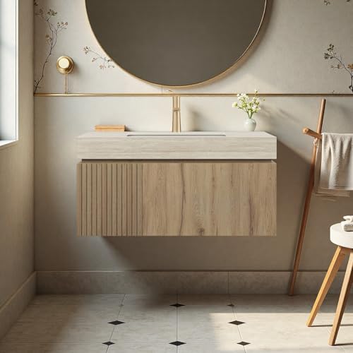 Image of 36 inch Bathroom Vanity with Sink, Wall-Mounted Plywood Bathroom Storage Cabinet with Ceramic Basin & Sintered Stone Countertop, Modern Pre-Assembled Floating Vanity with Drawer & Door, Oak