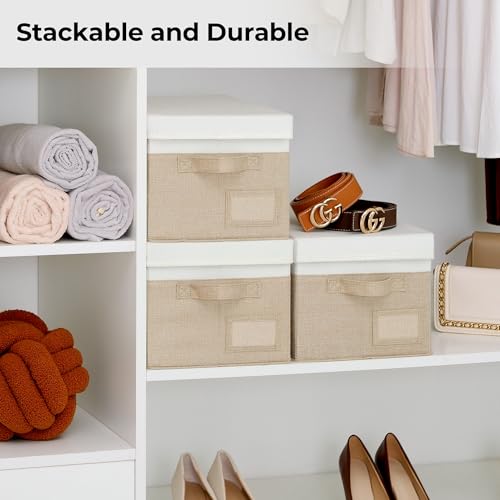 Image of GRANNY SAYS Storage Basket with Lid, Linen Fabric Storage Bins with Label, Decorative Storage Boxes, Clothes Storage and Organization, Memory Keepsake Box, 3-Pack, Medium, Khaki&Ivory