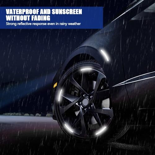 Image of Car Tyre Rim Reflective Stickers for Cars & Bikes, Night Visibility Warning Wheel Trim Safety Reflector Strips Waterproof Night Visibility Self Adhesive Universal Fit (Pack of 20, White)