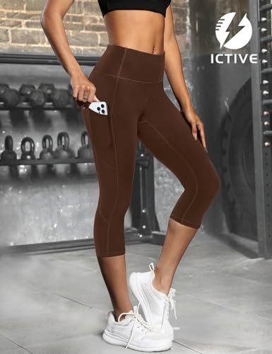 Fihapyli ICTIVE Women's Capris Yoga Pants with Pockets Running Pilates Fitness Running High Waisted Leggings Coffee S — view 4