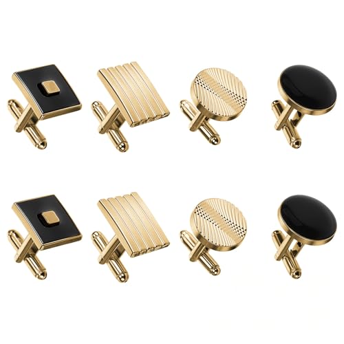 4 Pairs Cufflinks for Men Classic Tone Cuff Links Fashion Men Cufflinks Gold Striped Disc Square Rectangle Cuff Links for Business Wedding Party Gift Box
