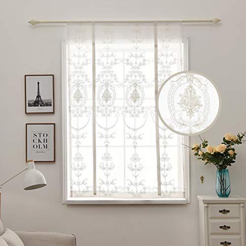 Smithoom 1 Piece Roman Curtain Retro Floral Embroidered Sheer Curtains with Rod Pocket Translucent Voile Panel for Livingroom Bedroom Balcony Kitchen Bathroom, 100x120cm, White