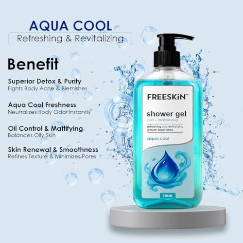 Image of Freeskin Aqua Cool Shower Gel-750ml | Refreshing & Revitalizing Body Wash | Cool, Energizing & Hydrating Formula | Long-Lasting Freshness for Men & Women | Suitable for All Skin Types | Gentle Daily Cleansing Shower Experience