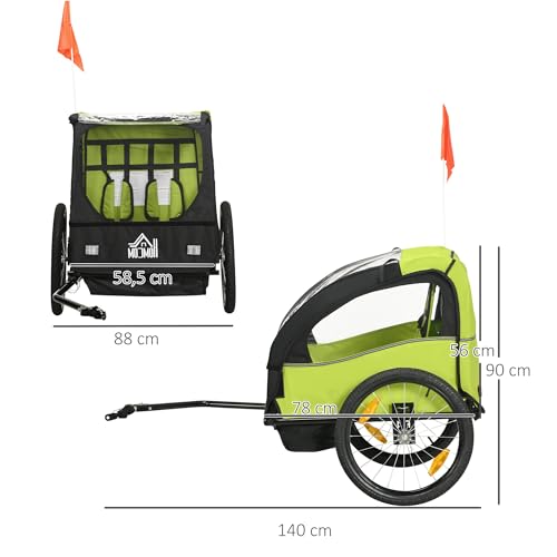 Miniatura 7 de Homcom Remolque De Bicicleta Para Niños 18 Meses Cochecito Para Transporte De 2 Plazas Con Cinturón De Seguridad Espacio De Almacenamiento Y Sistema De Amortiguador 140x88x90 Cm Verde