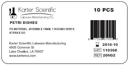 Plastic Petri Dish, 150x15mm, Polystyrene, 1 Compartment, 3 Vents, Sterile, Karter Scientific (Pack of 10)
