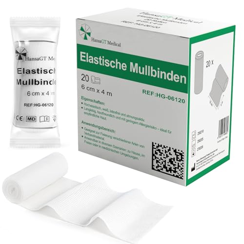 HansaGT Medical Bende di garza, 20 rotoli 6 cm x 4 m, bendaggio di fissaggio altamente elastico, 80% estensibile e extra morbido, confezionato singolarmente per ferite, articolazioni e materiale di