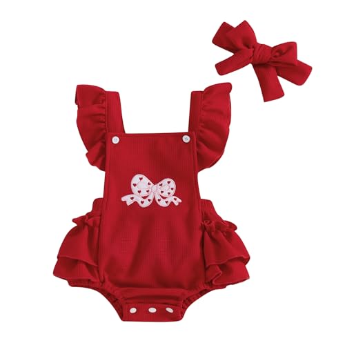 Adobabirl Baby Girl Ruffle Romper Dress Sleeveless Bowknot Embroidery Jumpsuit Valentines Outfit Newborn Clothes