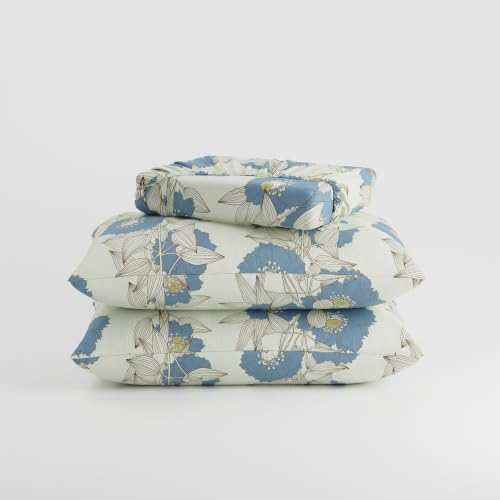 Image of BLISSHOME SoftTouch 140TC Cotton King Size Fitted Bedsheet with 2 Pillow Covers, Silky Smooth Bedding Set, Breathable, Easy Maintain, Floral Print - Ivory, Blue (182cm x 198cm x 25cm Drop)