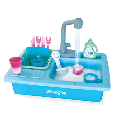 Image of The Bubble Factory SPLASHFUN Wash-up Kitchen Sink Play Set, Color Changing Play Cups & Accessories, Running Water Pretend Play, 15 Pieces, Age 3+, Kitchen Toy Set with Working Faucet, Easy Storage
