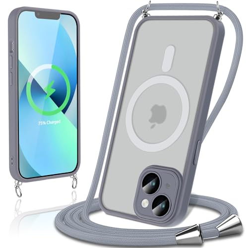 Xylota Handykette für iPhone 13 6,1'' Magnetisch Hülle mit Band, Kameraschutz Vollständiger, Handyhülle mit Kette Kordel [Kompatibel mit MagSafe], Hard PC Schutzhülle für iPhone 13 zum Umhängen, grau