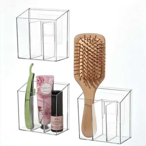 2Pack Wall Mount Clear Acrylic Storage Organizer, Multi Compartment Adhesive Bathroom Makeup Brush Holder, No Drill Hanging Pen Caddy for Vanity, Shower, Desk, Skincare & Office Supplies
