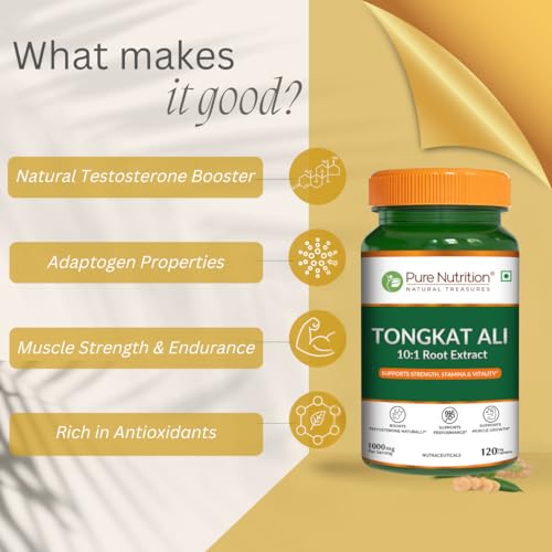 Image of Pure Nutrition Organic Tongkat Ali 1000mg | 240 Veg Capsules (120X2) | Supports Male Wellness | Boosts Energy, Immunity & Stamina | Enhances Stress Tolerance | Natural Herbal Supplement | Gluten-Free