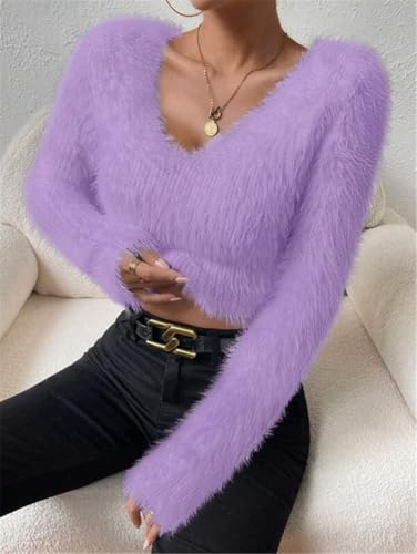 Mohair Sweater for Women Y2k Fuzzy Sweater Faux Fur Sweater Coquette Long Sleeves Cropped Sweater for Women3
